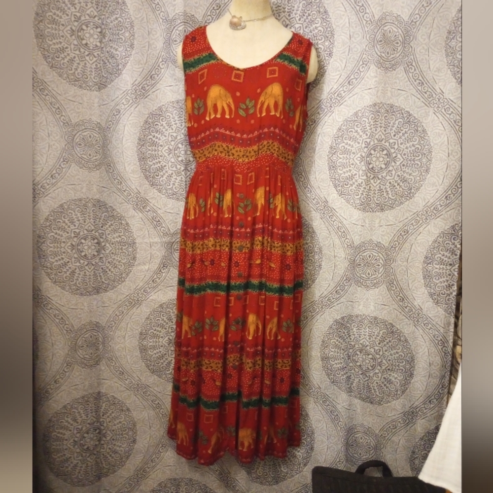 Bila Dress Women's Medium Rayon Maxi Red Elephant Print Boho Gypsy Flows